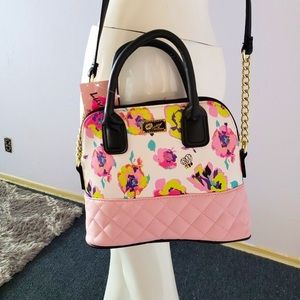 Floral Betsy Johnson crossbody, includes handles and a removable strap